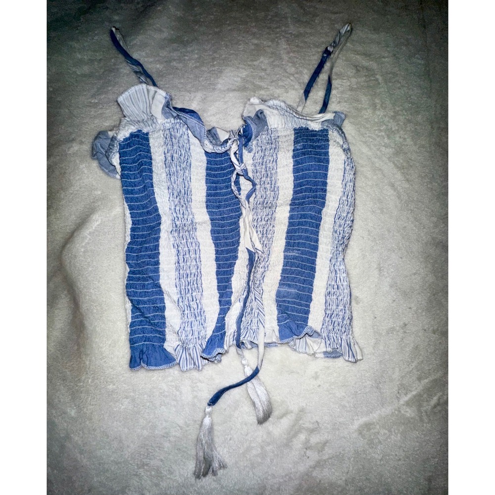 Ocean Drive Smocked Cami‎ Top Striped Sleeveless Blue White Tie Front